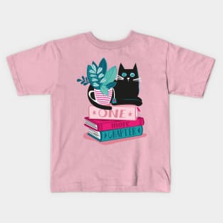 One more chapter // spot // pastel pink background black cat striped mug with plants red teal and yellow books with quote Kids T-Shirt